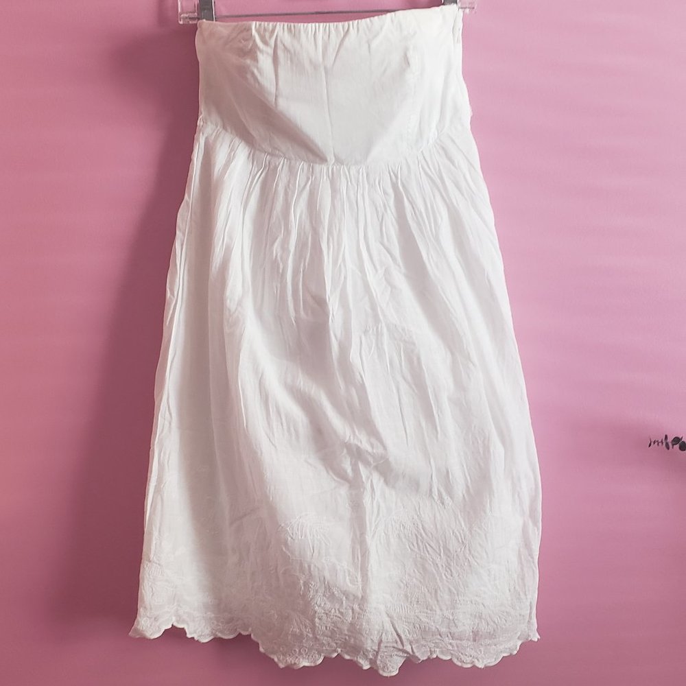 GAP White Cotton Strapless Dress with Embroidery on Trim